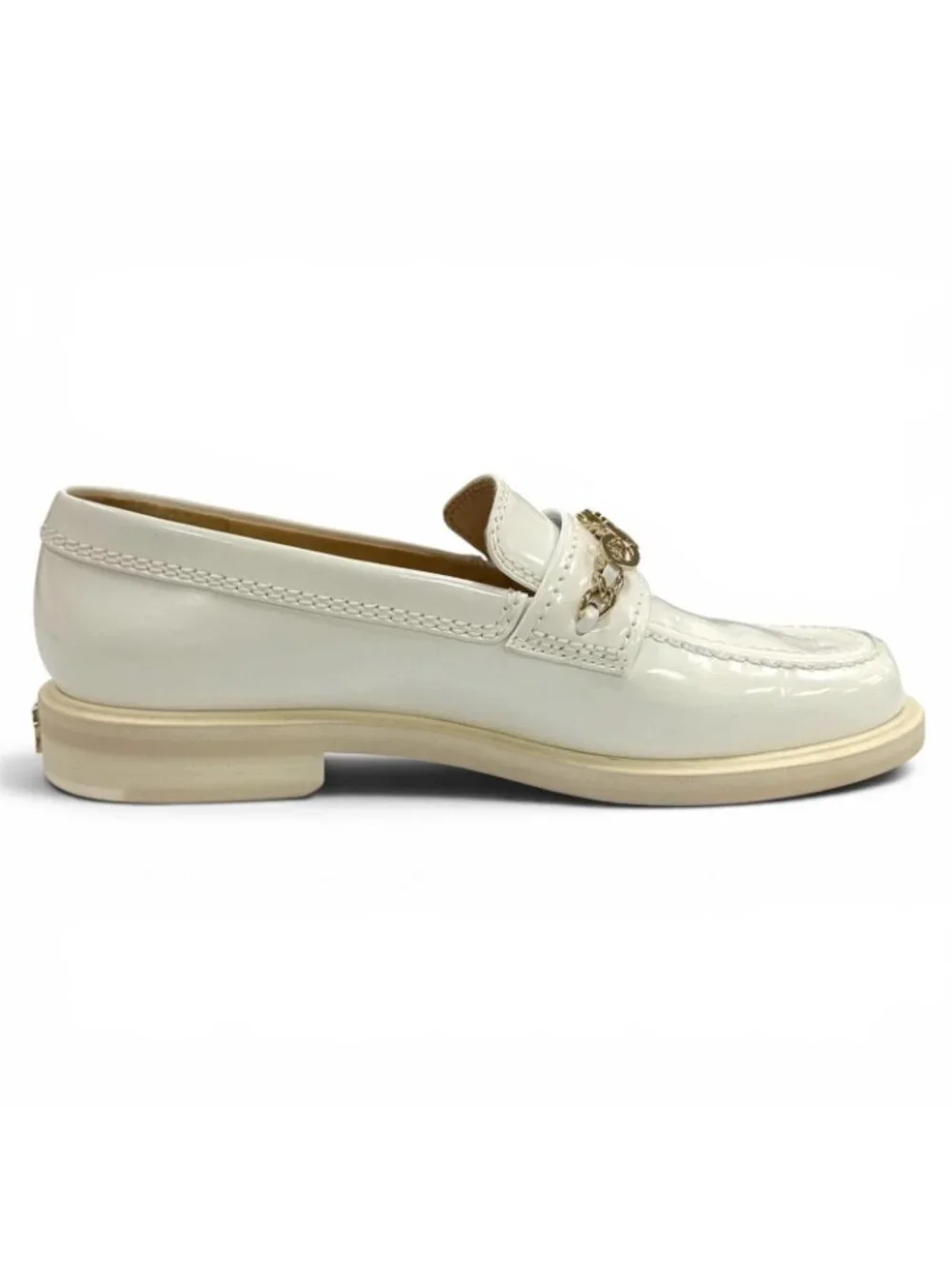 Chanel Logo CC Patent Leather Loafers White Gold